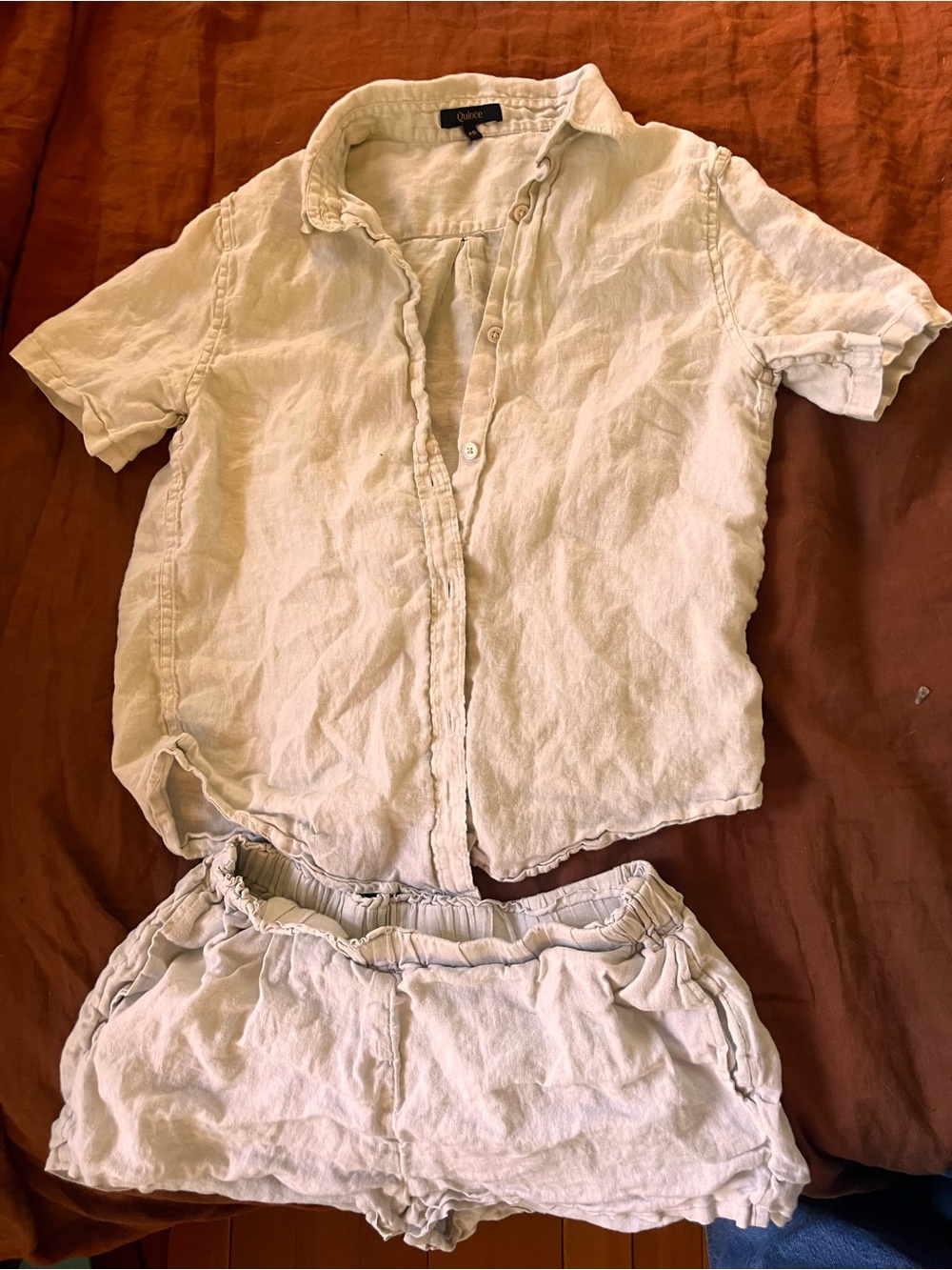 Quince Stone Beige Linen Button-Up Top
